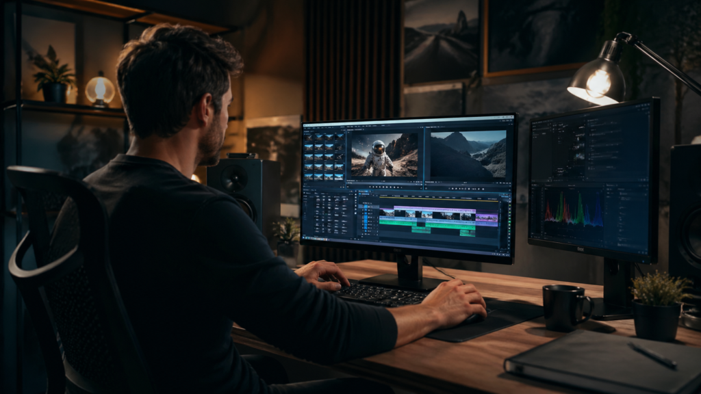 editor de vídeo profissional trabalhando em casa com setup completo