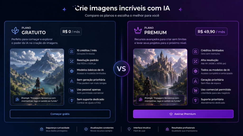 comparação entre ferramentas de IA gratuitas e pagas para criação de imagens

