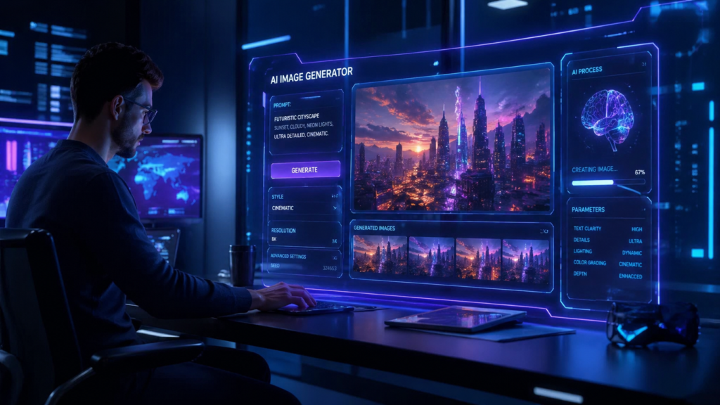 designer humano trabalhando ao lado de inteligência artificial criando imagens digitais
