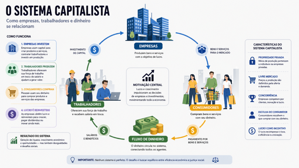 representação visual do sistema capitalista com empresas e trabalhadores