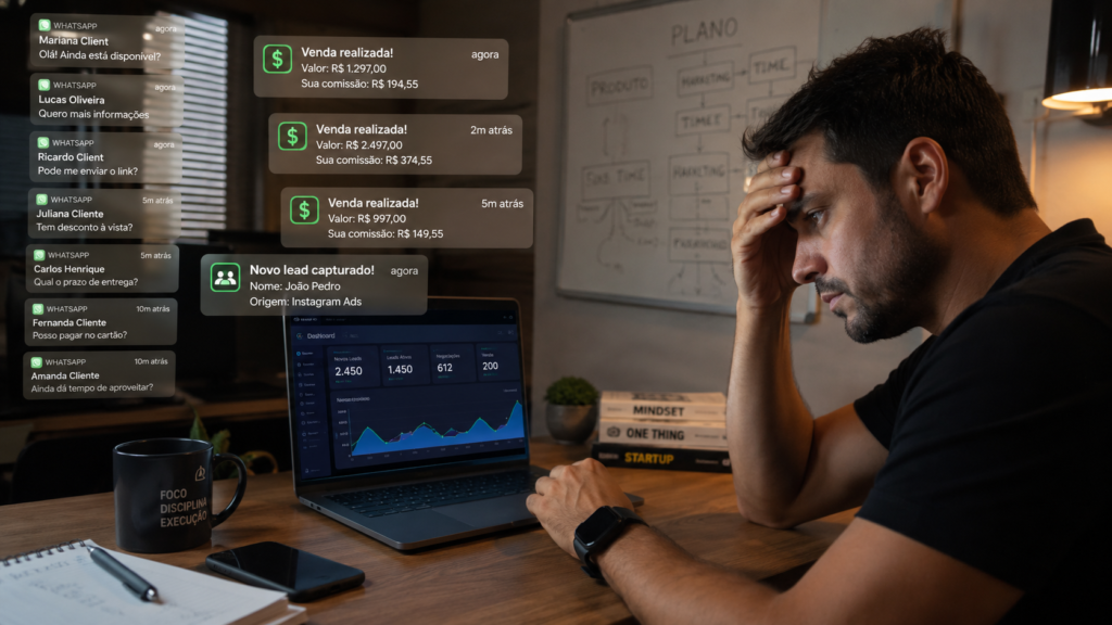 Pequeno empresário usando automação de marketing no notebook