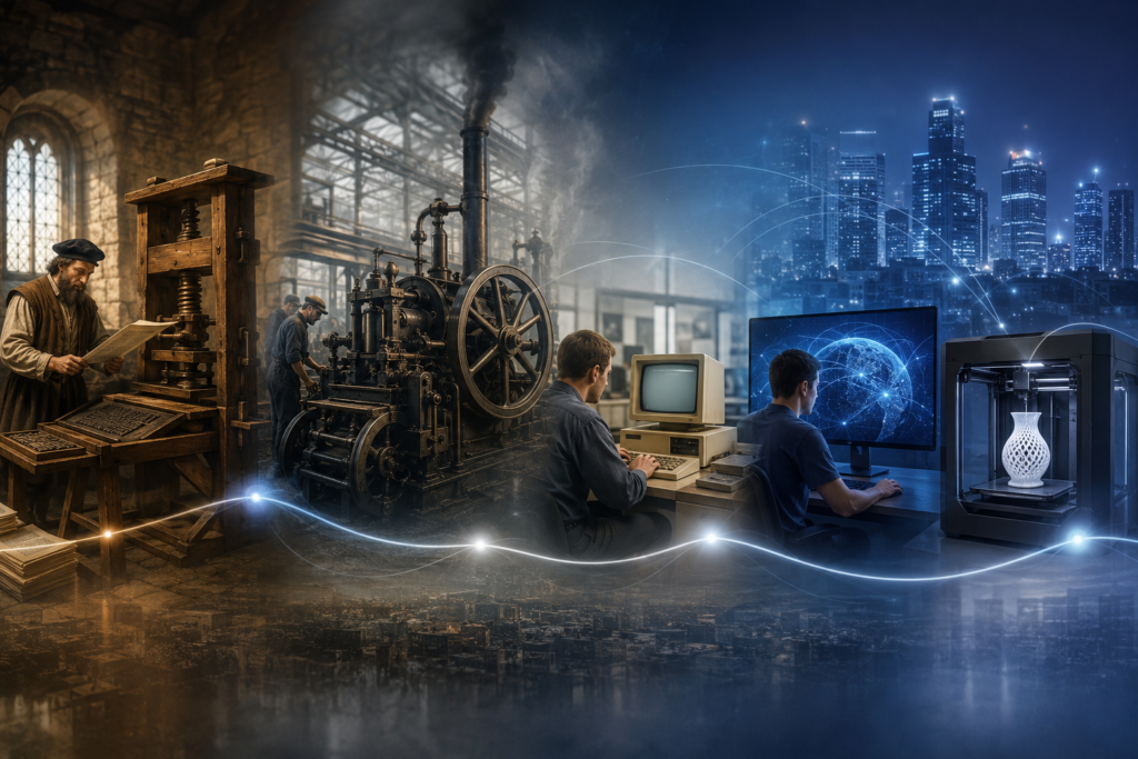 Evolução histórica das tecnologias que democratizaram a produção e o acesso à inovação.