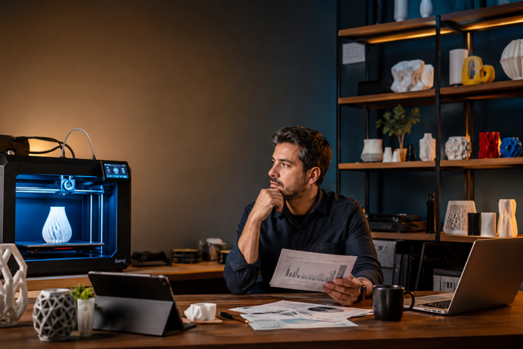 Empreendedor utilizando impressão 3D para criar produtos e gerar renda.