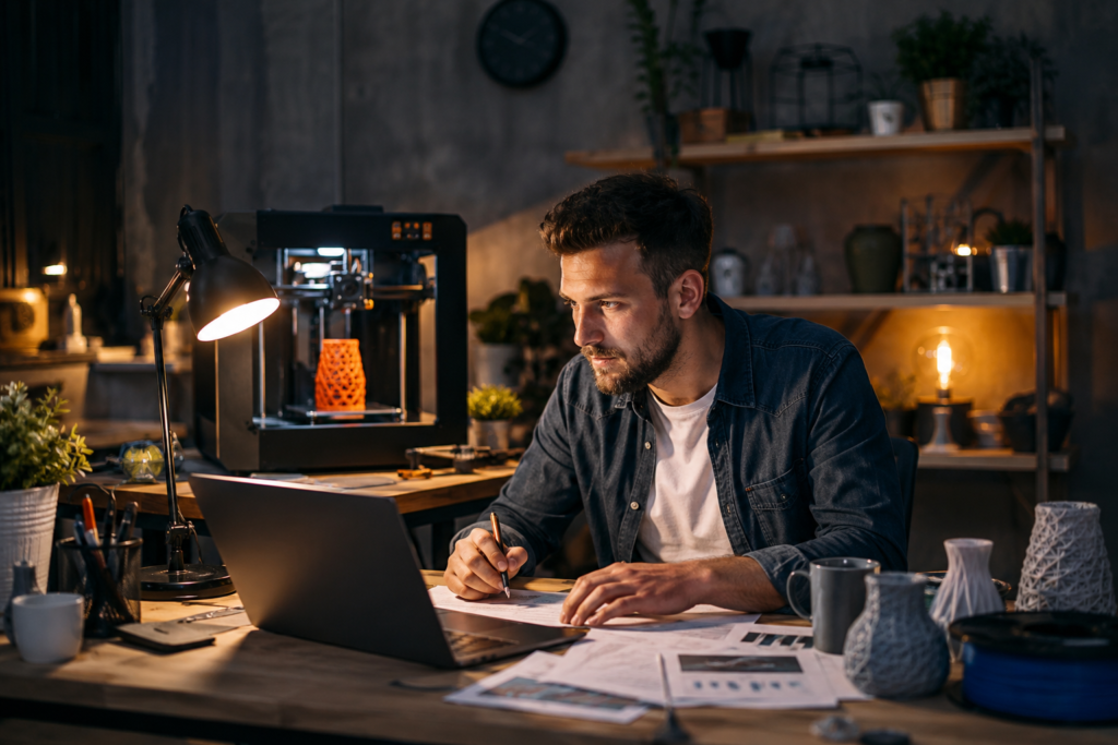 Empreendedor construindo um negócio de impressão 3D através de planejamento e trabalho consistente.