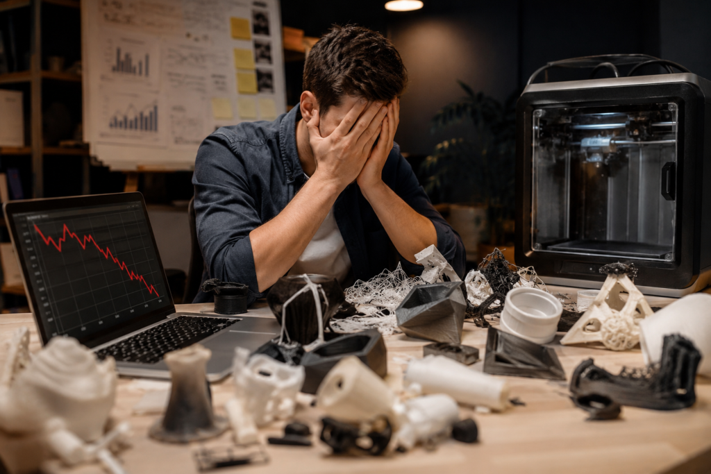 Empreendedor enfrentando dificuldades financeiras após cometer erros em um negócio de impressão 3D.