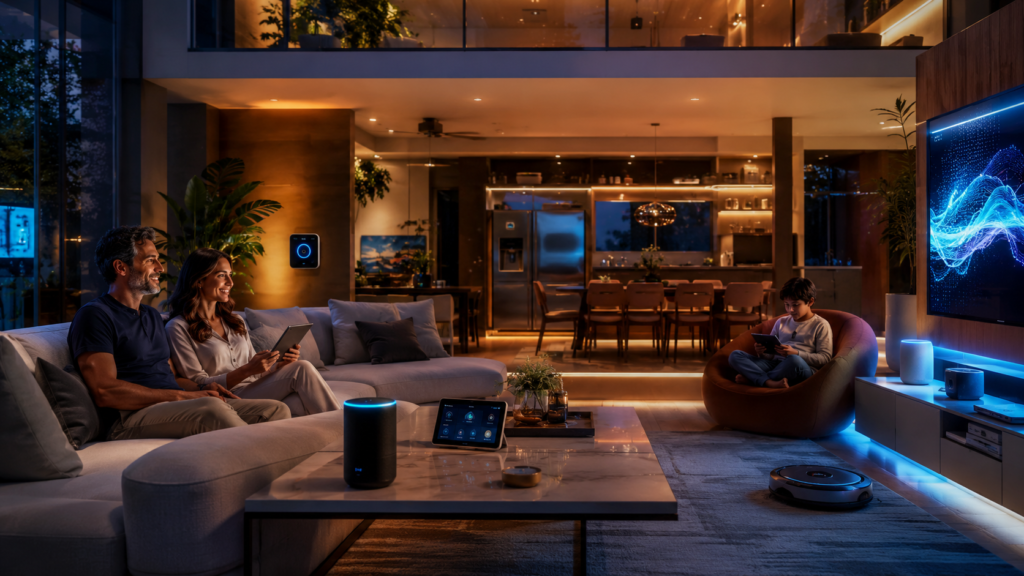 casa inteligente moderna com automação residencial e dispositivos conectados
