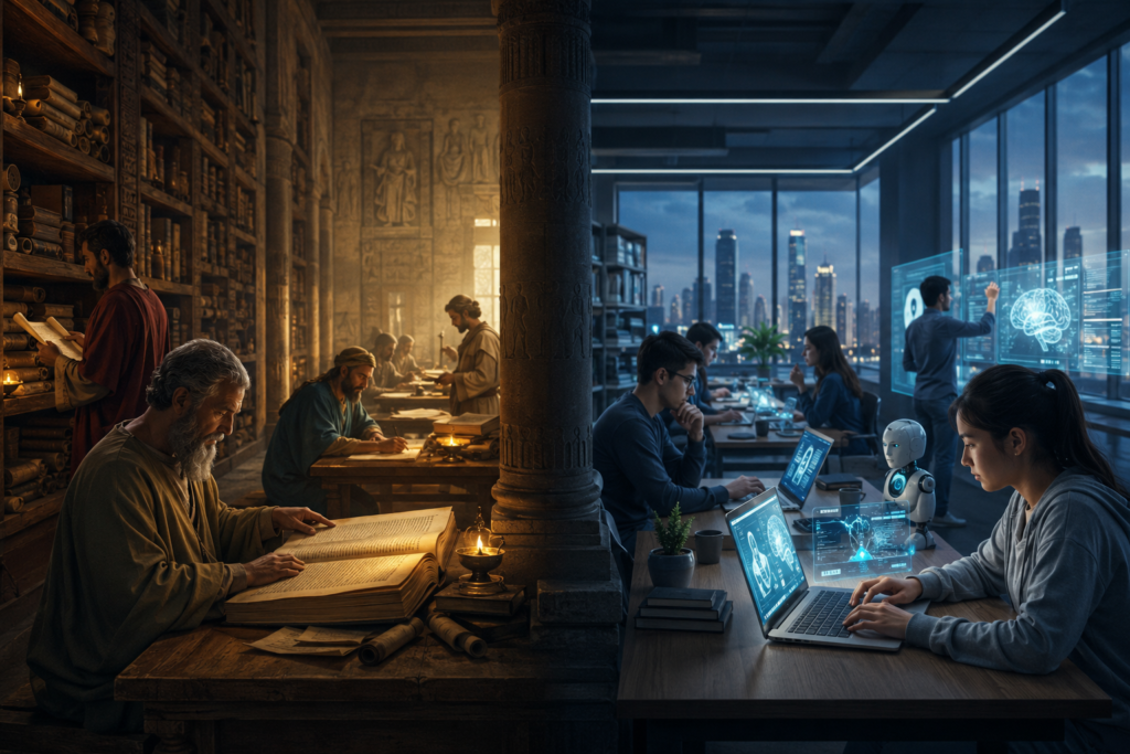 Comparação entre o acesso ao conhecimento em bibliotecas antigas e a educação digital moderna.