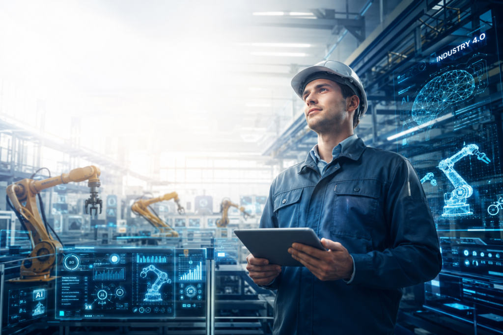 Engenheiro em ambiente industrial moderno representando o futuro da automação e da tecnologia.