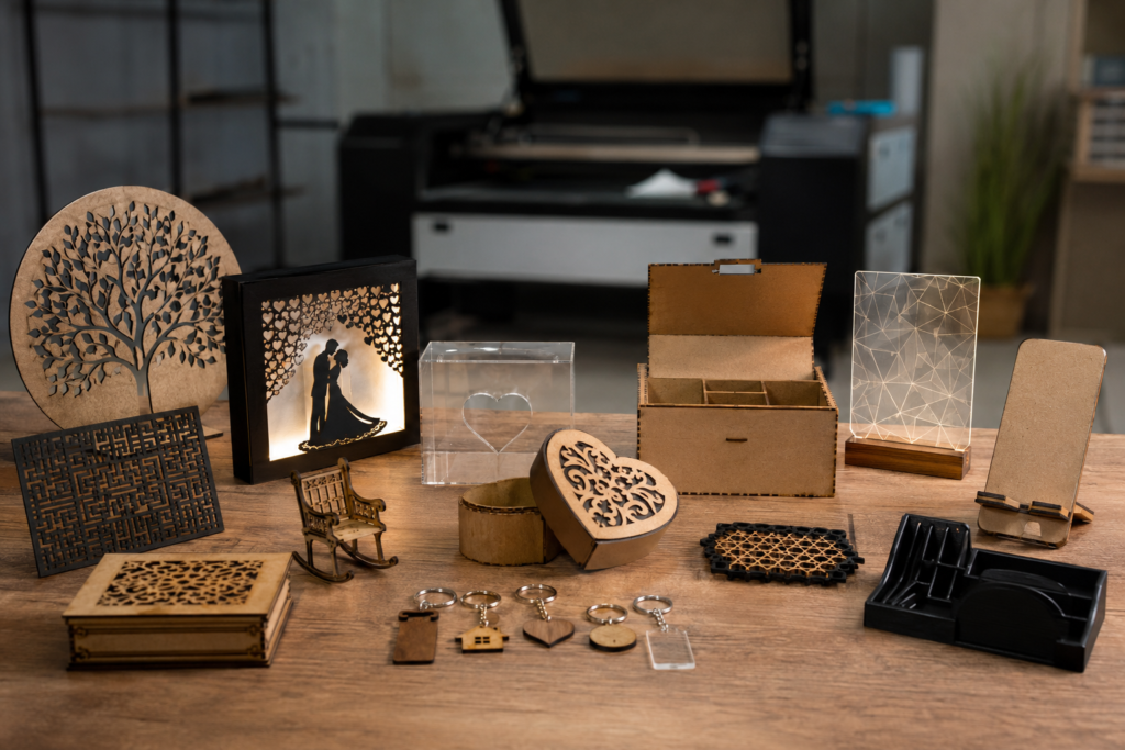 Produtos personalizados feitos com corte a laser mostrando que o lucro está no valor agregado e não apenas no corte do material.