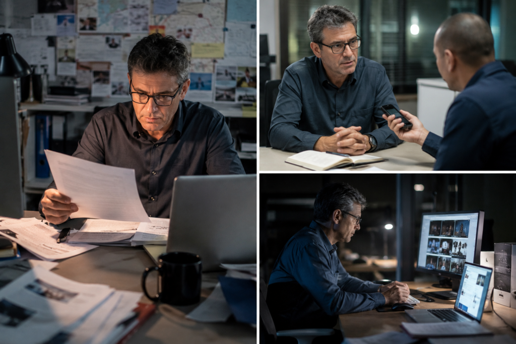 Jornalista realizando pesquisa e verificação de informações antes de publicar uma reportagem.