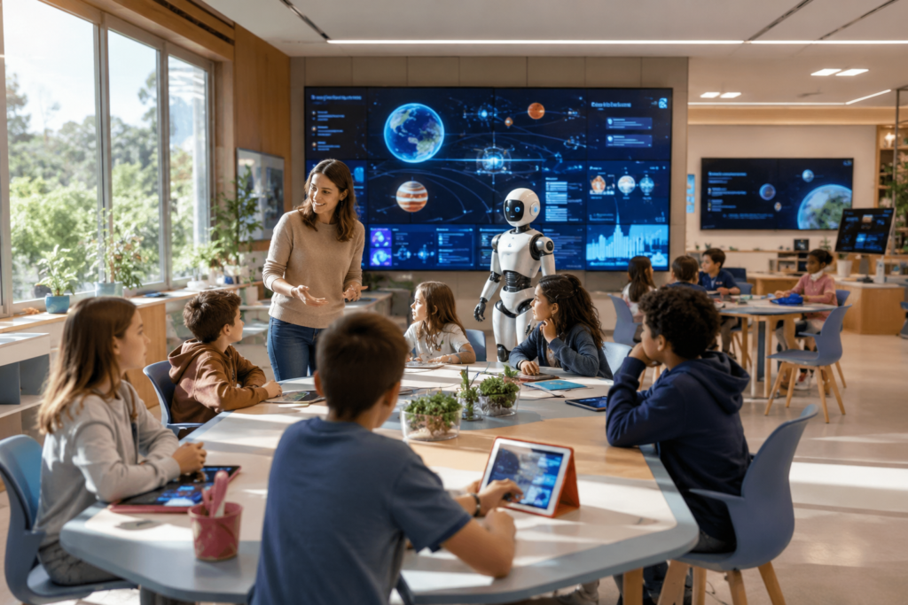 Sala de aula moderna onde professores e inteligência artificial colaboram para melhorar o aprendizado dos estudantes.