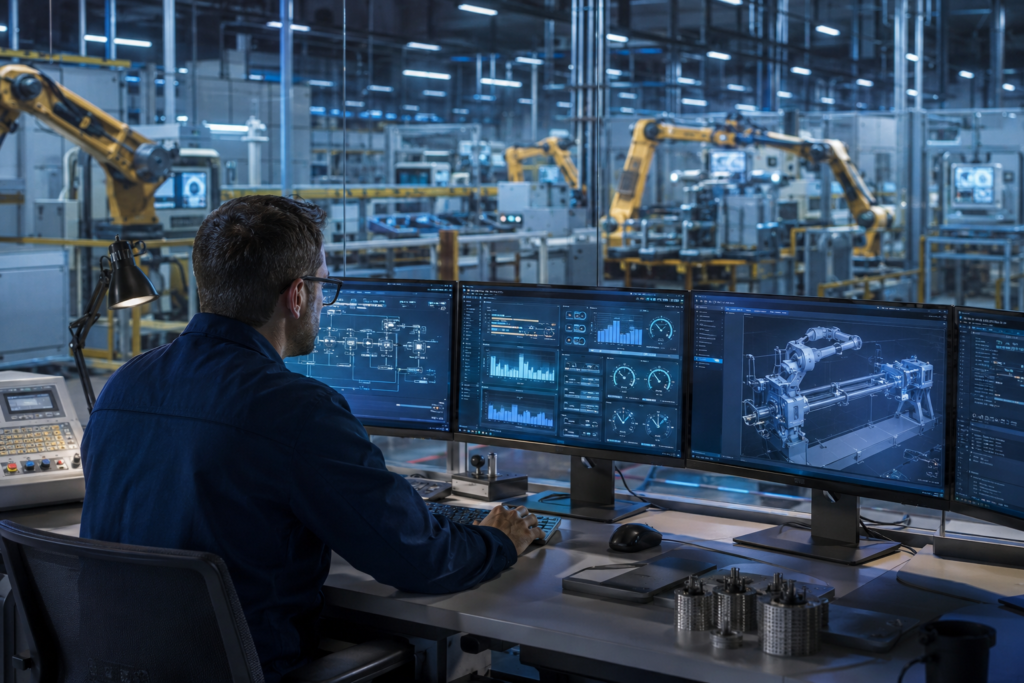 Engenheiro de automação monitorando sistemas industriais e processos automatizados.
