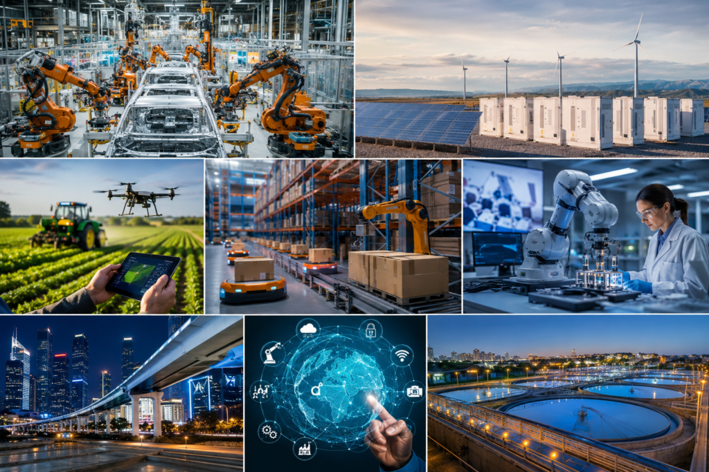 Diversos setores econômicos utilizando automação, incluindo indústria, energia, logística e agronegócio.