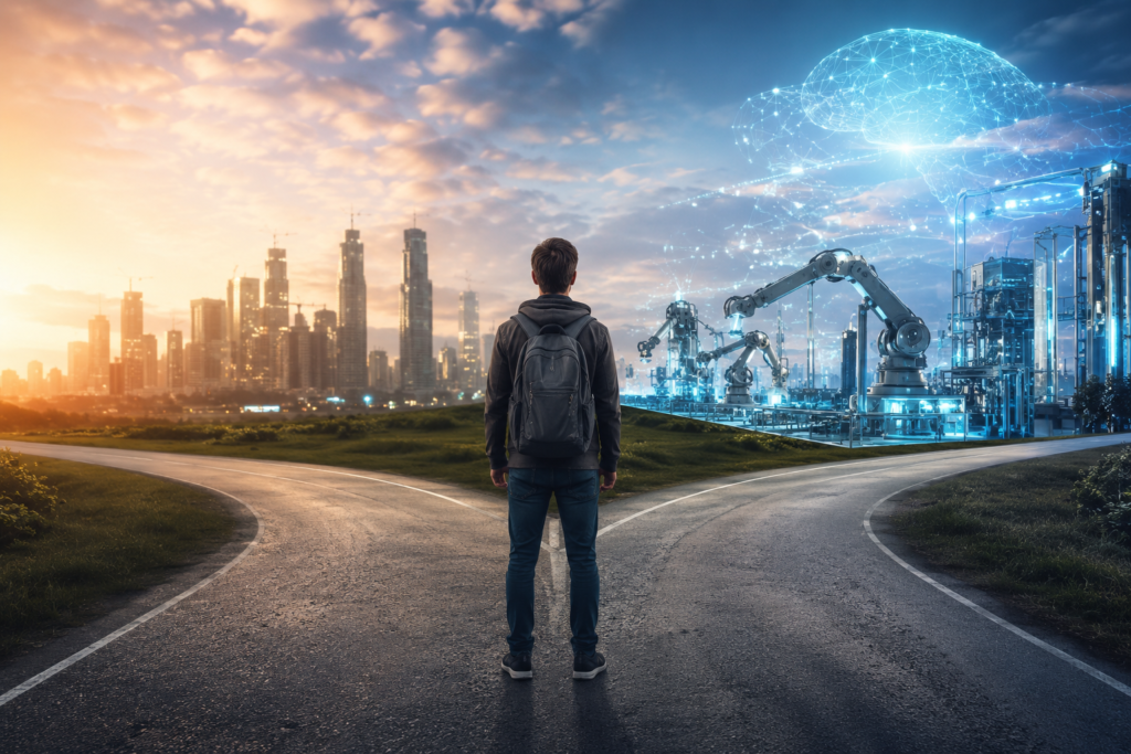 Estudante avaliando a carreira em Engenharia de Controle e Automação e as oportunidades da Indústria 4.0.