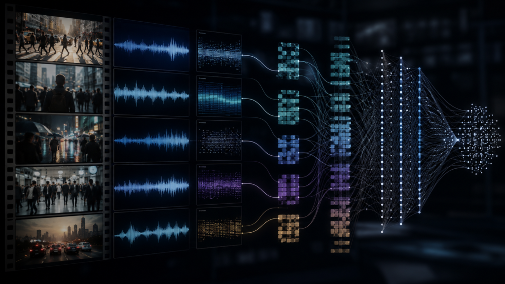 inteligência artificial identificando padrões visuais e sonoros em vídeos