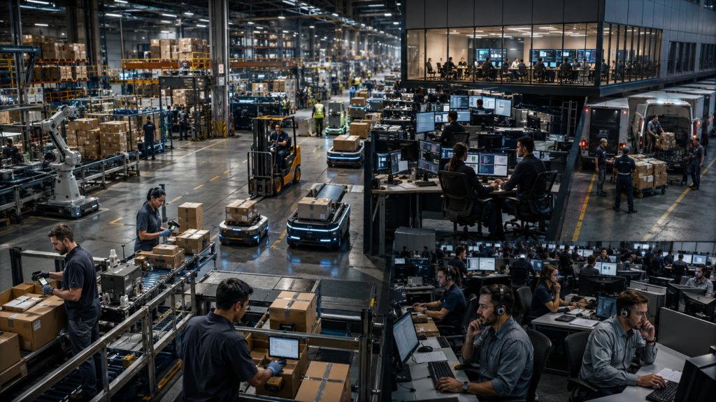 Centro de distribuição moderno com trabalhadores, robôs e sistemas automatizados mostrando que o crescimento das grandes empresas depende do trabalho coletivo e da logística integrada.