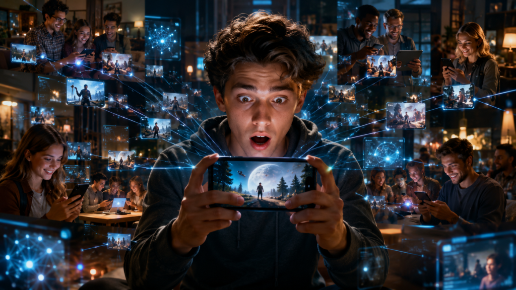 Pessoa assistindo a um vídeo criado por inteligência artificial enquanto o conteúdo se espalha rapidamente pela internet através dos algoritmos das redes sociais.