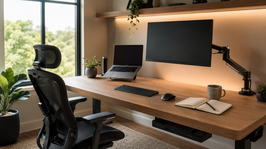 Home office moderno e organizado com cadeira ergonômica, monitor em braço articulado e acessórios que aumentam a produtividade no trabalho remoto.