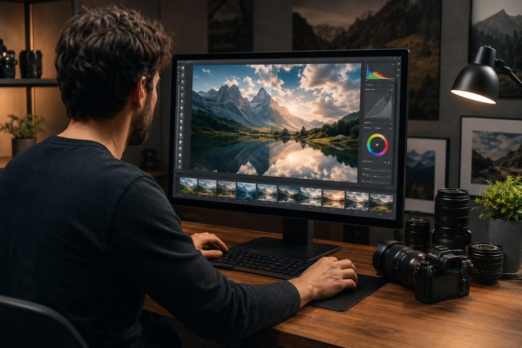 Fotógrafo utilizando inteligência artificial para editar fotografias com precisão profissional.