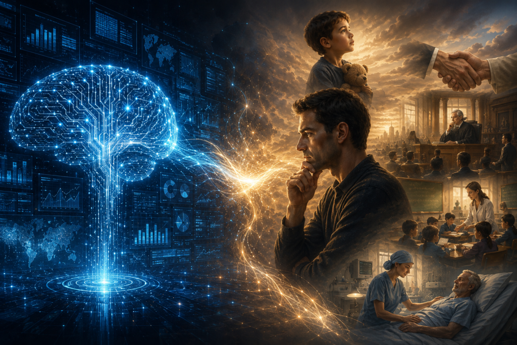 Comparação entre a inteligência artificial e o julgamento humano, destacando capacidades que ainda dependem das pessoas, como ética, empatia e tomada de decisões.