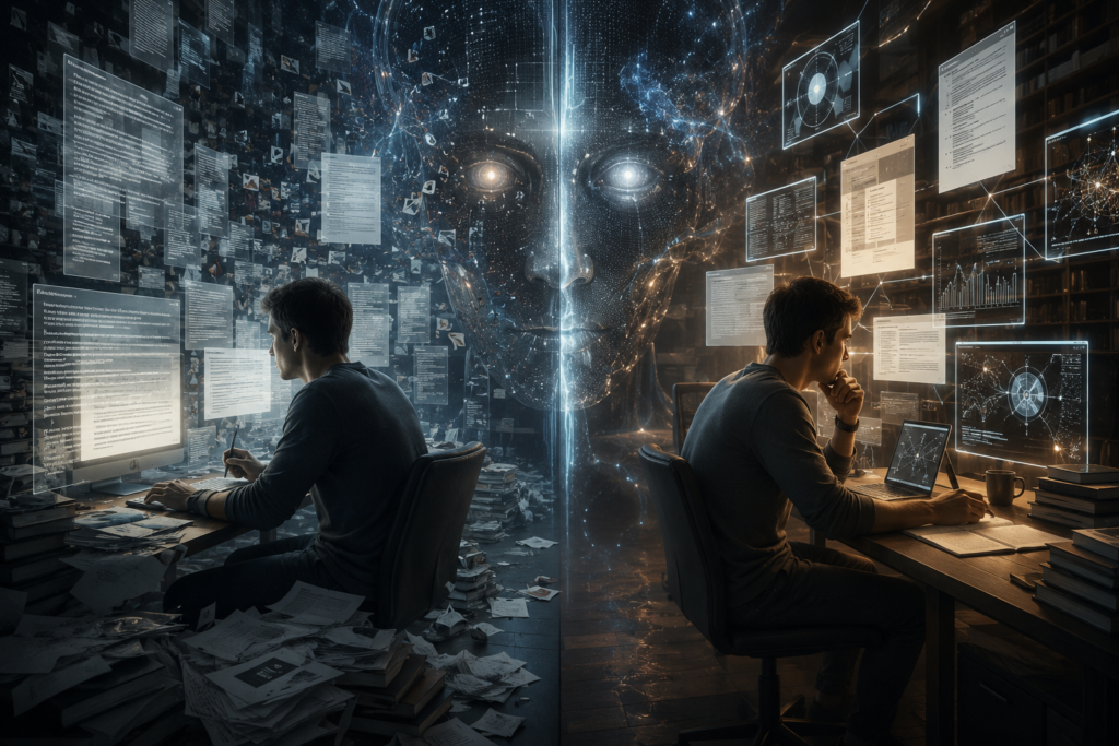 Representação da diferença entre usar inteligência artificial de forma passiva e utilizar a tecnologia com pensamento crítico e conhecimento próprio.