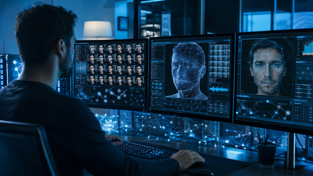 Computador utilizando inteligência artificial para aprender expressões faciais e criar um deepfake.
