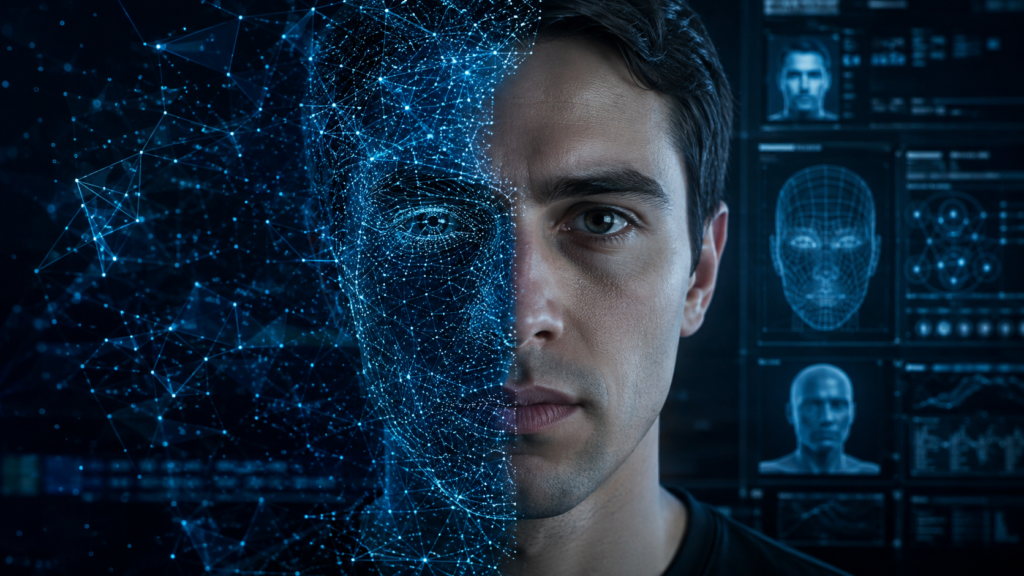 Deepfake representado por inteligência artificial reconstruindo digitalmente o rosto de uma pessoa.