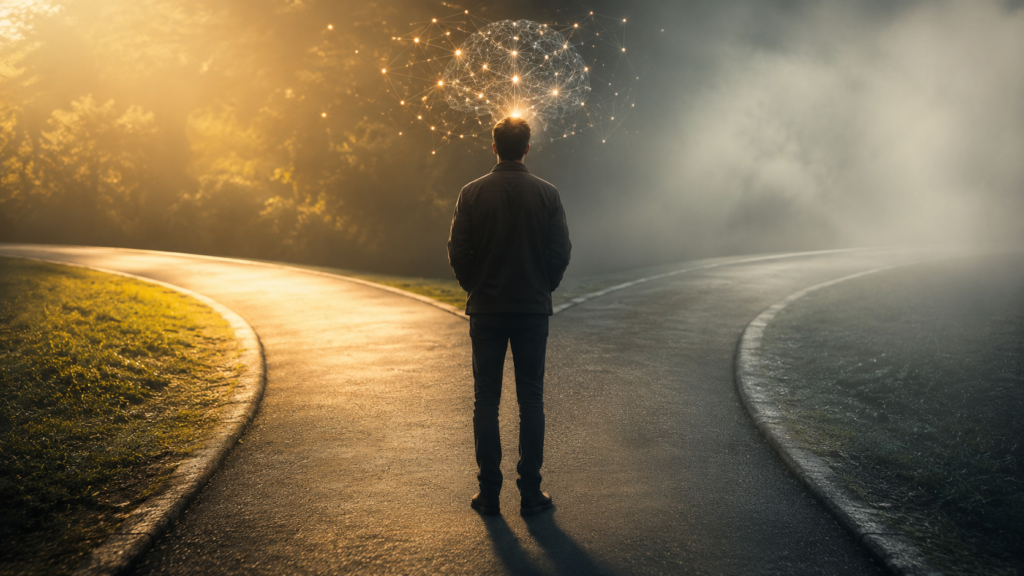 Pessoa diante de uma decisão difícil enquanto o cérebro reage à incerteza e ao futuro imprevisível.