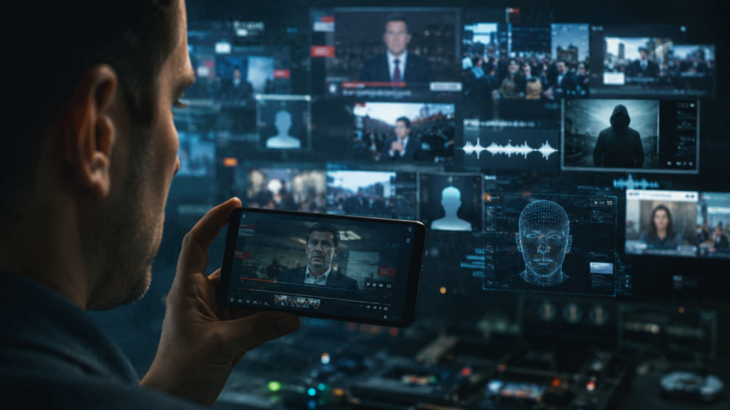 Pessoa assistindo a um vídeo manipulado por inteligência artificial enquanto conteúdos falsos se espalham pela internet.
